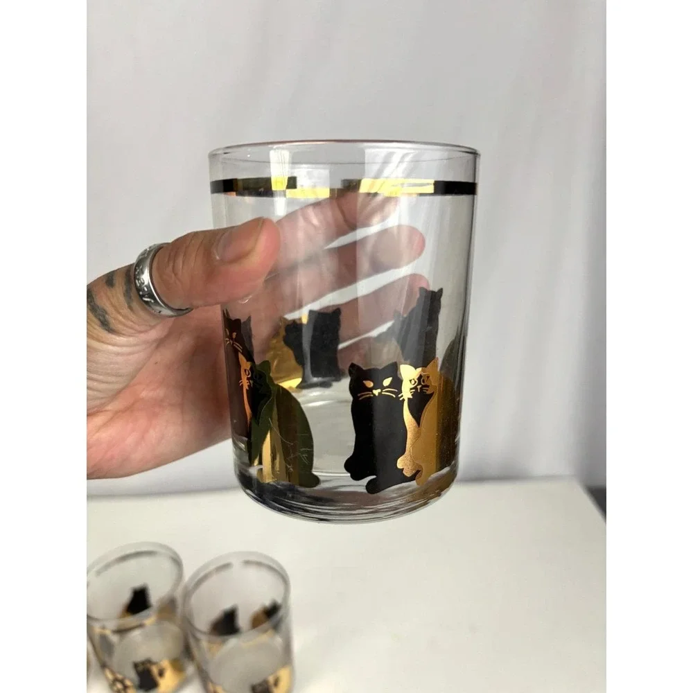 Georges Briard Mid Century Cat Glasses Set of 4 Gold Accent‎ Tumblers